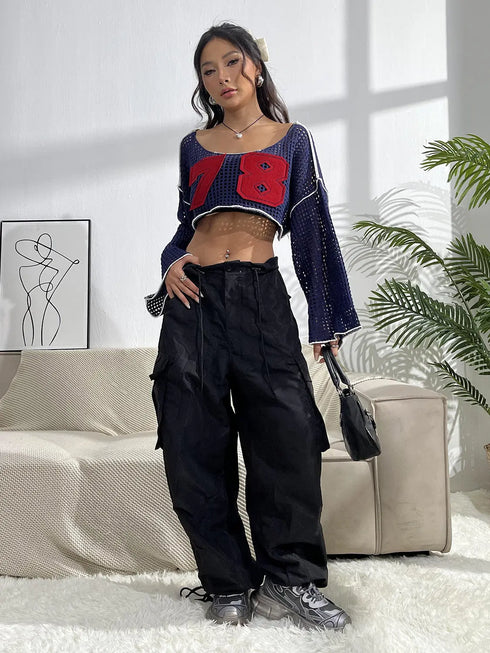 'Liora' Contrast Patches Long Sleeve Cropped Knit Sweater - Celes Fashion